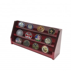 FixtureDisplays® 3 Row Challenge Coin Display Stand Military Coin Display Case Rack Holder Mahogany Wood Finish, 1/4