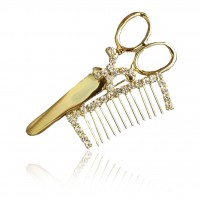 Gold Plated Swarovski Crystal Scissors & Comb Pin 1020040