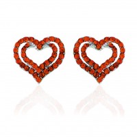 E262RS Imitat Rhodium Plated Red Crystal Dbl Heart Earrings102975