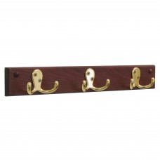 FixtureDisplays® 3 Double Prong Hook Rail/Coat Rack, Brass/Mahogany 104265