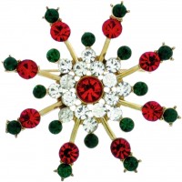 Gold Plated Red, Clear & Green Crystal Snowflake Brooch Pin 106185