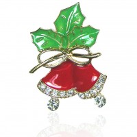 Gold Plated Crystal & Epoxy Holiday Bells Brooch Pin 106301