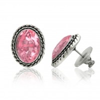 E103PI Antiqued Silver Pink Oval Crystal Earrings 106376