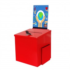 FixtureDisplays® Box, Red Metal Donation Suggestion Charity Key Drop Fund Raising w/ Sign Holder 10918-red+11460-2
