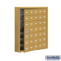 Salsbury Cell Phone Storage Locker - with Front Access Panel - 7 Door High Unit (5 Inch Deep Compartments) - 35 A Doors (34 usable) - Gold - Surface Mounted - Master Keyed Locks