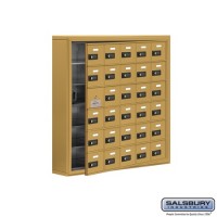 Salsbury Cell Phone Storage Locker - with Front Access Panel - 6 Door High Unit (5 Inch Deep Compartments) - 30 A Doors (29 usable) - Gold - Surface Mounted - Resettable Combination Locks
