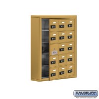 Salsbury Cell Phone Storage Locker - with Front Access Panel - 5 Door High Unit (5 Inch Deep Compartments) - 15 A Doors (14 usable) - Gold - Surface Mounted - Resettable Combination Locks