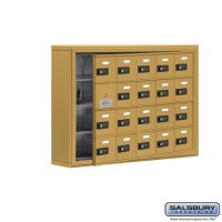 Salsbury Cell Phone Storage Locker - with Front Access Panel - 4 Door High Unit (5 Inch Deep Compartments) - 20 A Doors (19 usable) - Gold - Surface Mounted - Resettable Combination Locks