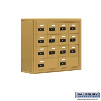 Salsbury Cell Phone Storage Locker - 4 Door High Unit (8 Inch Deep Compartments) - 12 A Doors and 2 B Doors - Gold - Surface Mounted - Resettable Combination Locks