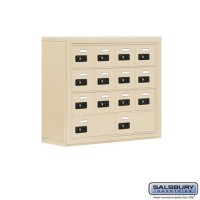 Salsbury Cell Phone Storage Locker - 4 Door High Unit (8 Inch Deep Compartments) - 12 A Doors and 2 B Doors - Sandstone - Surface Mounted - Resettable Combination Locks
