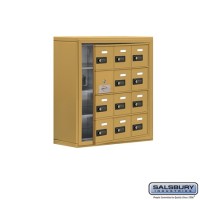 Salsbury Cell Phone Storage Locker - with Front Access Panel - 4 Door High Unit (8 Inch Deep Compartments) - 12 A Doors (11 usable) - Gold - Surface Mounted - Resettable Combination Locks