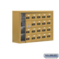 Salsbury Cell Phone Storage Locker - with Front Access Panel - 4 Door High Unit (8 Inch Deep Compartments) - 20 A Doors (19 usable) - Gold - Surface Mounted - Resettable Combination Locks