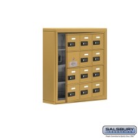 Salsbury Cell Phone Storage Locker - with Front Access Panel - 4 Door High Unit (5 Inch Deep Compartments) - 12 A Doors (11 usable) - Gold - Surface Mounted - Resettable Combination Locks