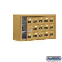 Salsbury Cell Phone Storage Locker - with Front Access Panel - 3 Door High Unit (8 Inch Deep Compartments) - 15 A Doors (14 usable) - Gold - Surface Mounted - Resettable Combination Locks