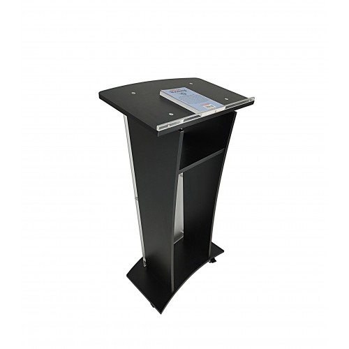 Acrylic Church Podium Pulpit Debate Conference Lectern Plexiglass Lucite Clear Black Wood Shelf Cup Holder on Wheels with White Cross 1803-5-BLACK+1803CROSS-NPF! 