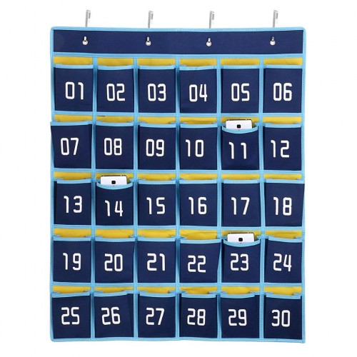 36 Pockets Numbered Classroom Pocket Chart for Cell Phones and Calculator Hanging Organizer with 4 Metal Hooks,Purple