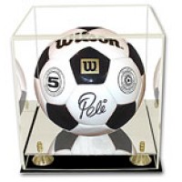 FixtureDisplays® AcrylicSoccer ball Display case with black acrylic base and gold risers 100031