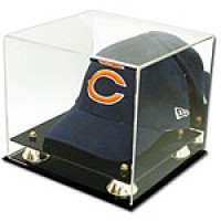 FixtureDisplays® Acrylic Baseball Cap Display Case with black acrylic base and gold risers 100032