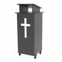 FixtureDisplays® Black Wood Podium Pulpit Lectern with White Cross Event Debate Speech School Mobile on Wheels Castors Easy Assebmly Required Come with Videos 10057+1803-CROSS