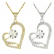 N886 Forever Silver Double Heart W / Solitaire Necklace102736-Silver