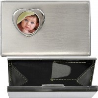 S5515 Brushed Silver Business Card Case Change Purse Heart103046