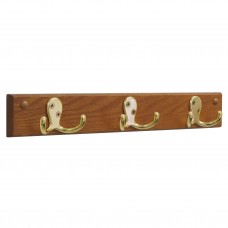 FixtureDisplays® 3 Double Prong Hook Rail/Coat Rack, Brass/Medium Oak 104266