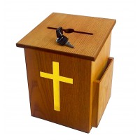 FixtureDisplays® Wood Church Collection Fundraising Box Donation Charity Box with Gold Cross Christian Church Tithes & Offering Prayer Box 7.5