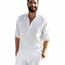 FixtureDisplays® Men's Casual Cotton and Linen Button Down Henley Shirt Long Sleeve Henley Shirt for Men, White Size XL 15814-XL
