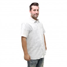 FixtureDisplays® Men's Casual Cotton and Linen Button Down Shirt Short Sleeve Dress Shirt for Men, White L, 15829-WHITE-L