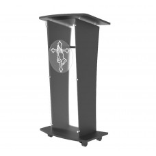 Acrylic Church Podium Pulpit Debate Conference Lectern Plexiglass Lucite Black Wood Shelf Cup Holder on Wheels with Prayer Hand and Cross Plaque 1803-5-BLACK+12152