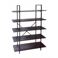 FixtureDisplays® 5-Tier Bookshelves, Sapele Wood and Black Metal Frame Bookcase for Home and Office Organizer 18817-5TIER-BLACK