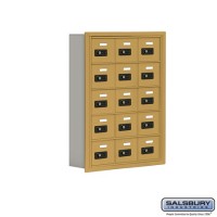 Salsbury Cell Phone Storage Locker - 5 Door High Unit (5 Inch Deep Compartments) - 15 A Doors - Gold - Recessed Mounted - Resettable Combination Locks   19055-15GRC