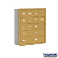 Salsbury Cell Phone Storage Locker - 5 Door High Unit (5 Inch Deep Compartments) - 12 A Doors and 4 B Doors - Gold - Recessed Mounted - Master Keyed Locks  19055-16GRK