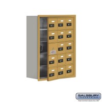 Salsbury Cell Phone Storage Locker - with Front Access Panel - 5 Door High Unit (8 Inch Deep Compartments) - 15 A Doors (14 usable) - Gold - Recessed Mounted - Resettable Combination Locks  19158-15GRC