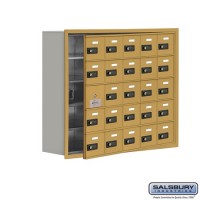 Salsbury Cell Phone Storage Locker - with Front Access Panel - 5 Door High Unit (8 Inch Deep Compartments) - 25 A Doors (24 usable) - Gold - Recessed Mounted - Resettable Combination Locks  19158-25GRC