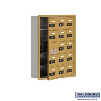 Salsbury Cell Phone Storage Locker - with Front Access Panel - 5 Door High Unit (5 Inch Deep Compartments) - 15 A Doors (14 usable) - Gold - Recessed Mounted - Resettable Combination Locks  19155-15GRC