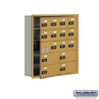 Salsbury Cell Phone Storage Locker - with Front Access Panel - 5 Door High Unit (5 Inch Deep Compartments) - 12 A Doors (11 usable) and 4 B Doors - Gold - Recessed Mounted - Resettable Combination Locks  19155-16GRC