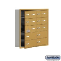 Salsbury Cell Phone Storage Locker - with Front Access Panel - 5 Door High Unit (5 Inch Deep Compartments) - 12 A Doors (11 usable) and 4 B Doors - Gold - Recessed Mounted - Master Keyed Locks  19155-16GRK