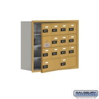 Salsbury Cell Phone Storage Locker - with Front Access Panel - 4 Door High Unit (8 Inch Deep Compartments) - 12 A Doors (11 usable) and 2 B Doors - Gold - Recessed Mounted - Resettable Combination Locks  19148-14GRC