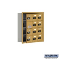 Salsbury Cell Phone Storage Locker - with Front Access Panel - 4 Door High Unit (5 Inch Deep Compartments) - 12 A Doors (11 usable) - Gold - Recessed Mounted - Resettable Combination Locks  19145-12GRC