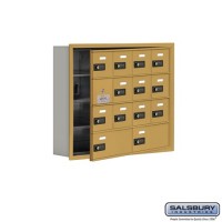 Salsbury Cell Phone Storage Locker - with Front Access Panel - 4 Door High Unit (5 Inch Deep Compartments) - 12 A Doors (11 usable) and 2 B Doors - Gold - Recessed Mounted - Resettable Combination Locks  19145-14GRC